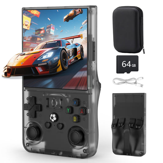 FVBADE R36 MAX Handheld game console 4.0 in IPS Screen Mini Retro Console 4000mAh Portable Pocket Arcade 12+ Mainstream Emulator 64g TF Card Transparent.(Gray )