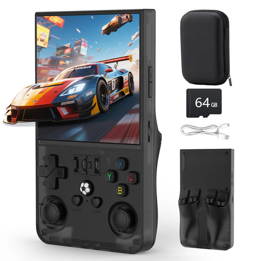 FVBADE R36 MAX Handheld game console 4.0 in IPS Screen Mini Retro Console 4000mAh Portable Pocket Arcade 12+ Mainstream Emulator 64g TF Card Transparent.(Black)