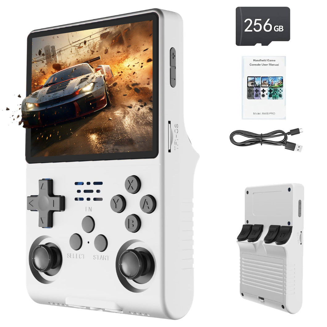 FVBADE[30000 in 1 R40S PRO Handheld Game Console 3.5 inch IPS Screen Mini Retro Console 3800mAh Portable Pocket Arcade 45+ Mainstream Emulator 256G TF Card Transparent.(White)