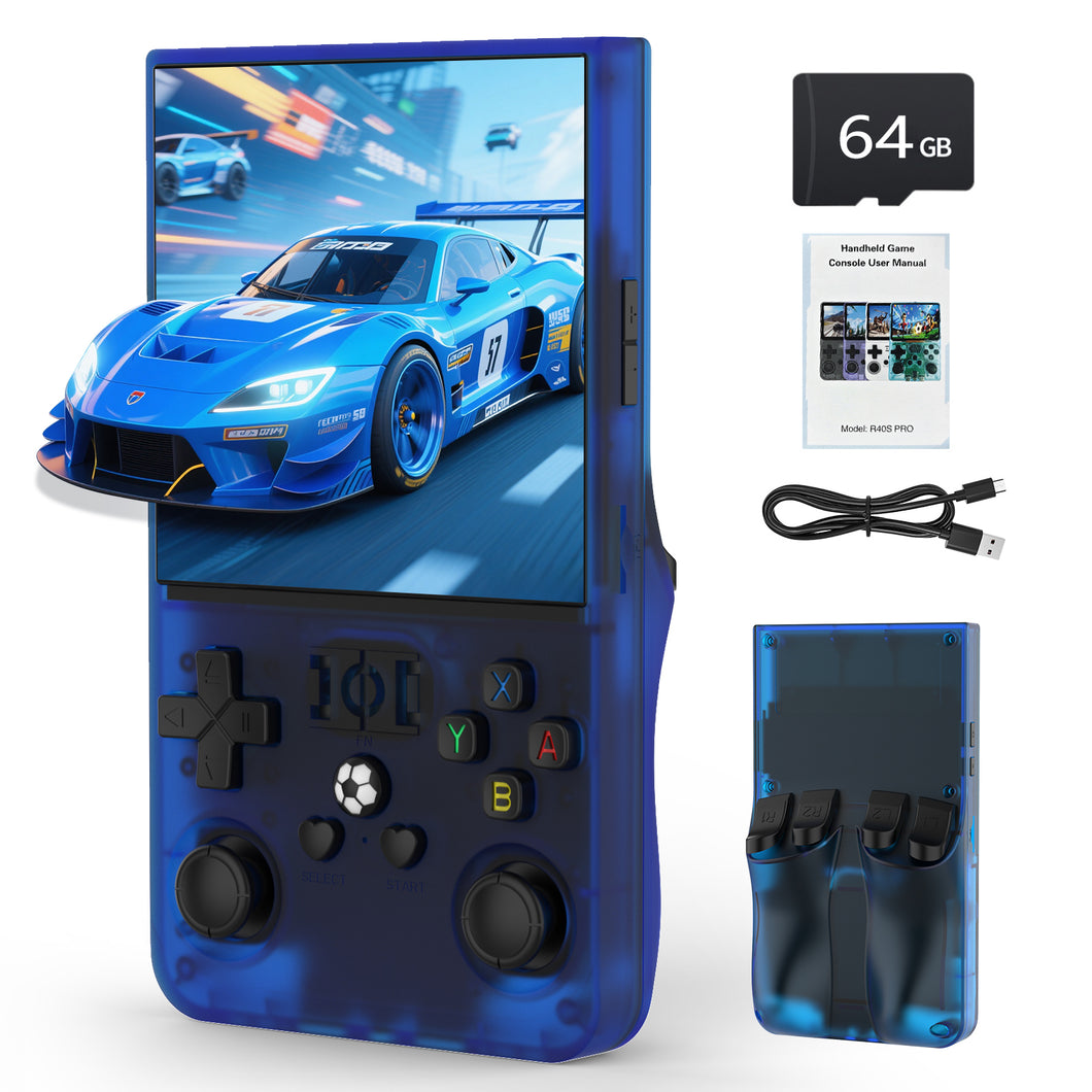 FVBADE R36 MAX Handheld game console 4.0 in IPS Screen Mini Retro Console 4000mAh Portable Pocket Arcade 12+ Mainstream Emulator 64g TF Card Transparent.(Blue)