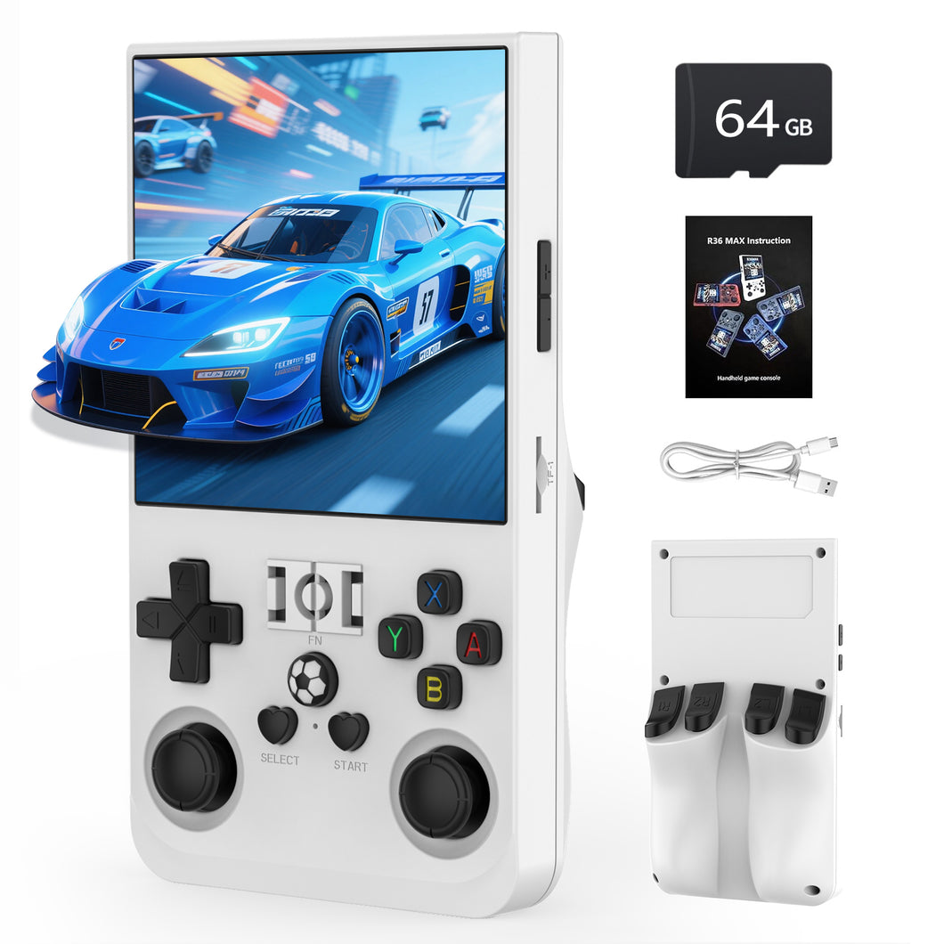 FVBADE R36 MAX Handheld game console 4.0 in IPS Screen Mini Retro Console 4000mAh Portable Pocket Arcade 12+ Mainstream Emulator 64g TF Card Transparent.(White)