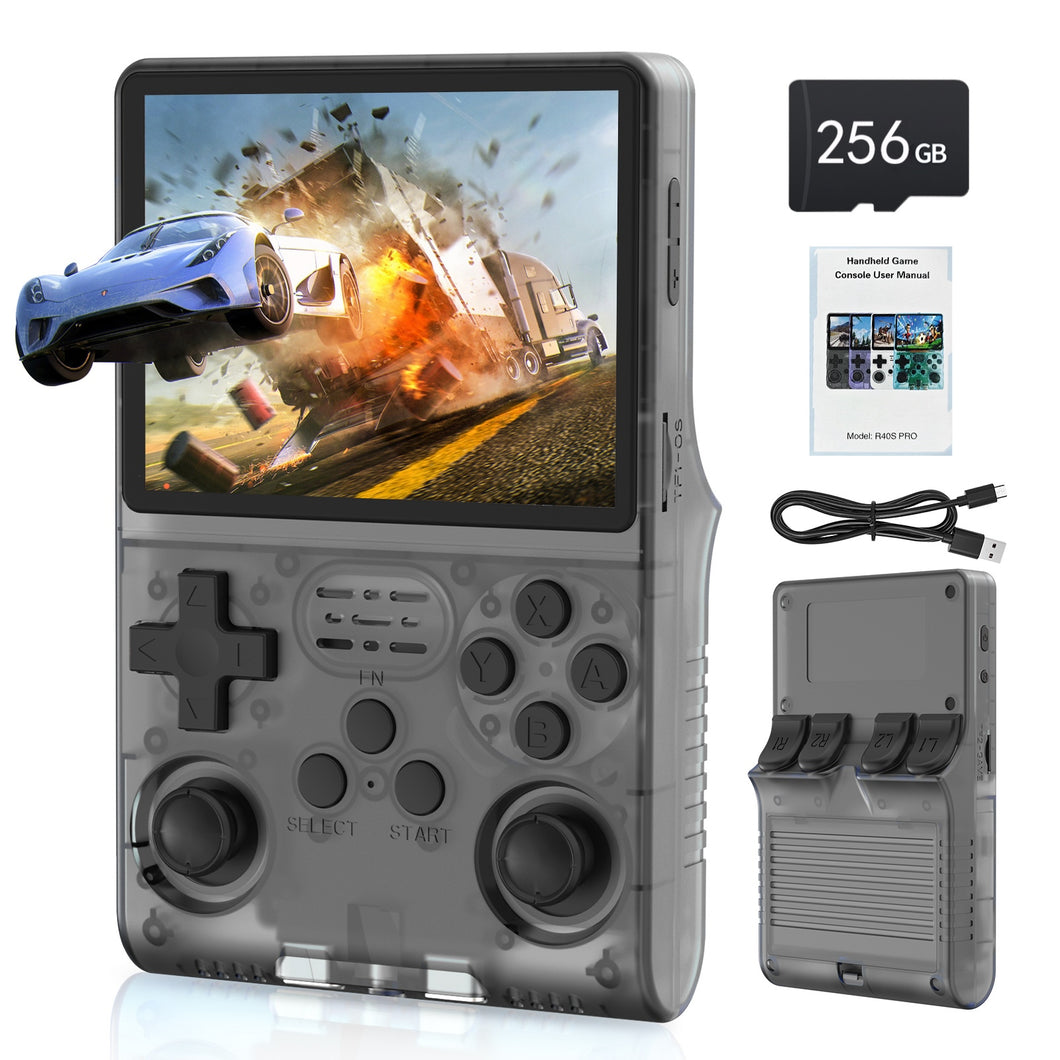 FVBADE[30000 in 1 R40S PRO Handheld Game Console 3.5 inch IPS Screen Mini Retro Console 3800mAh Portable Pocket Arcade 45+ Mainstream Emulator 256G TF Card Transparent.(Black)