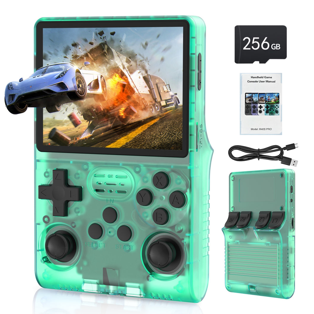FVBADE[30000 in 1 R40S PRO Handheld Game Console 3.5 inch IPS Screen Mini Retro Console 3800mAh Portable Pocket Arcade 45+ Mainstream Emulator 256G TF Card Transparent.(purple)（Green）