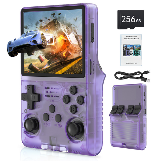 FVBADE[30000 in 1 R40S PRO Handheld Game Console 3.5 inch IPS Screen Mini Retro Console 3800mAh Portable Pocket Arcade 45+ Mainstream Emulator 256G TF Card Transparent.(purple)