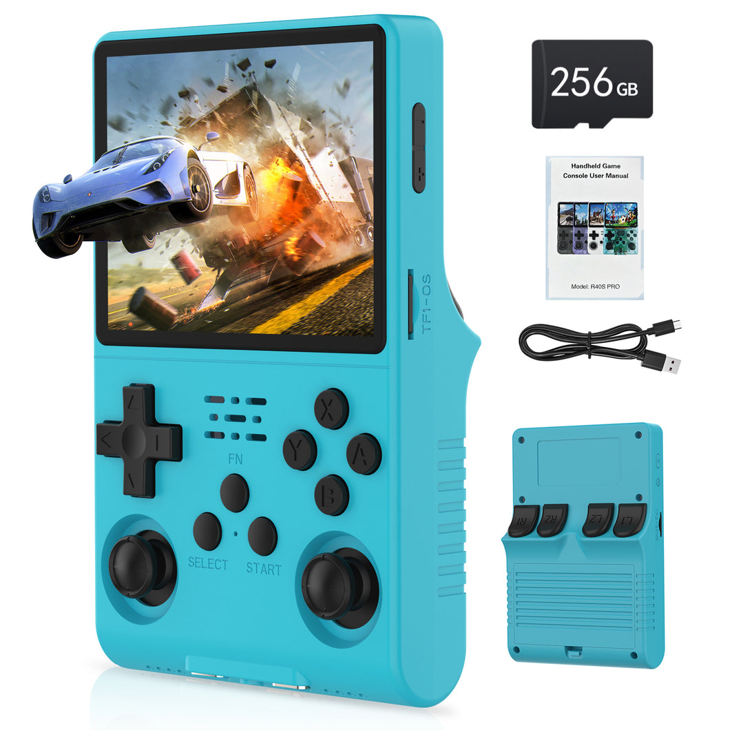 FVBADE[30000 in 1 R40S PRO Handheld Game Console 3.5 inch IPS Screen Mini Retro Console 3800mAh Portable Pocket Arcade 45+ Mainstream Emulator 256G TF Card Transparent.(Blue2)